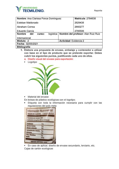 Evidencia Logistica Internacional Tec Milenio Nombre Ana Clarissa