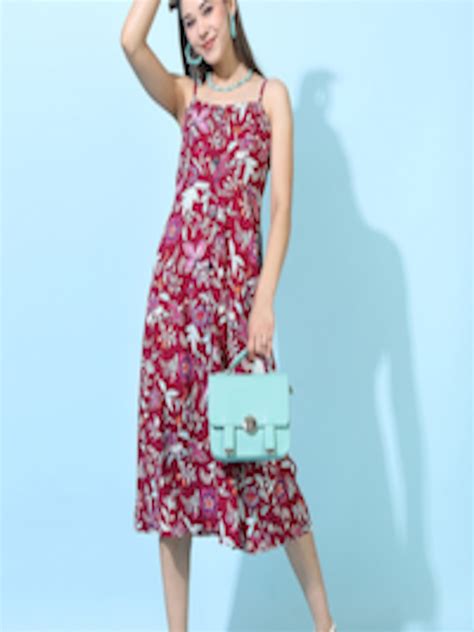 Buy Tokyo Talkies Red Floral Printed A Line Midi Dress Dresses For