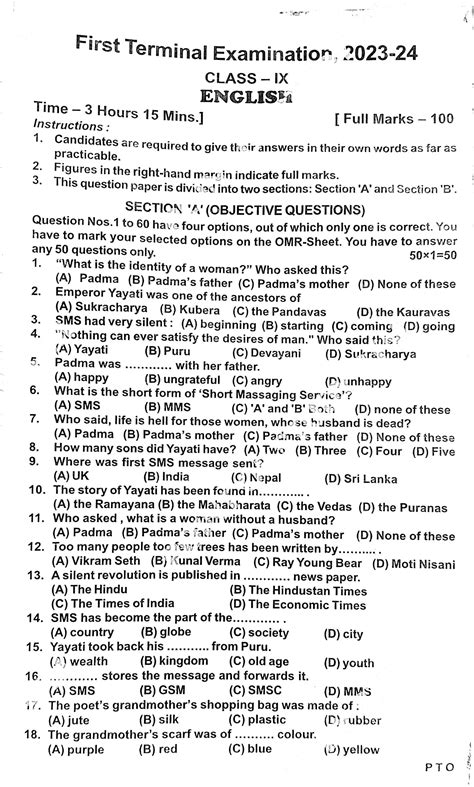 Bihar Board Th English First Terminal Exam Answer Key Bseb Career