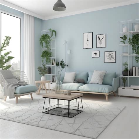 Premium AI Image | A living room with a blue wall and a white rug with ...