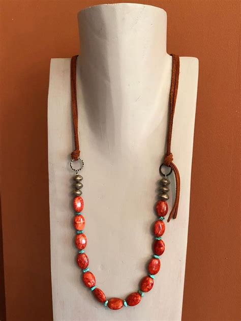 Chunky Red Coral Necklace Genuine Turquoise Southwestern Style Long