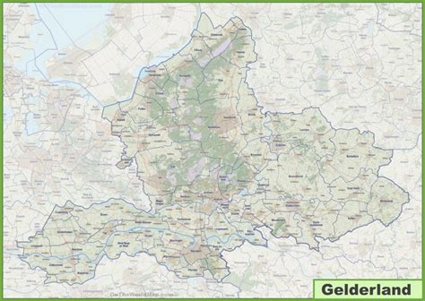 Map of Gelderland with cities and towns