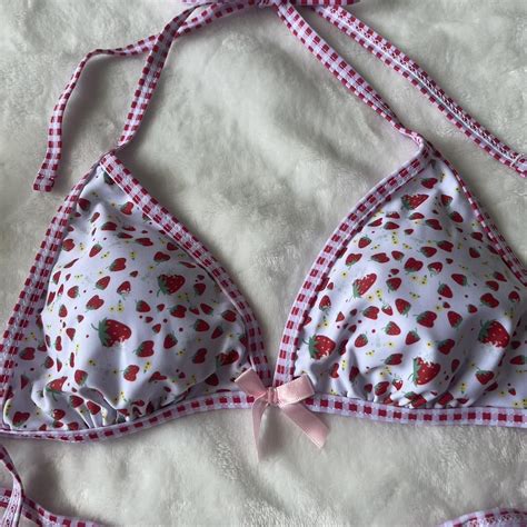 Pink Red Gingham Strawberry Print Bow Bikini Set Depop