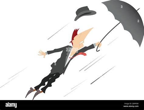 Windy Day And Man Flies With Umbrella Illustration Man With An