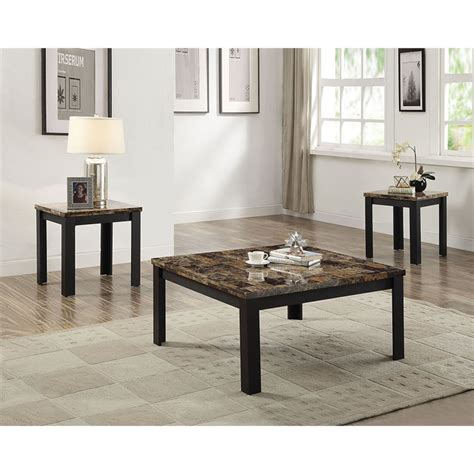 Acme Finely 3 Piece Faux Marble Top Coffee Table Set In Dark Brown