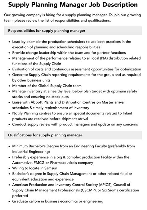 Supply Planning Manager Job Description Velvet Jobs