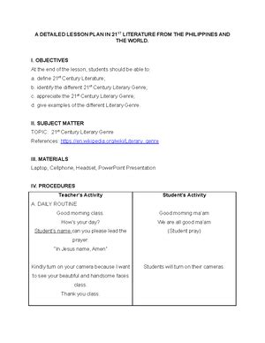 A Detailed Lesson Plan In Literature Genre A Detailed Lesson Plan In