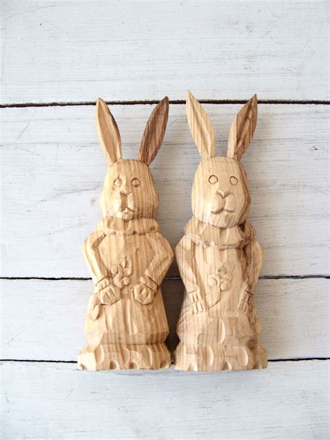 2 Vintage Hand Carved Wood Bunny Rabbit Figurines Etsy Rabbit