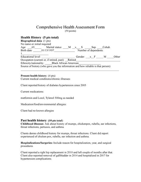 Comprehensive Health History Comprehensive Health Assessment