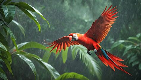 Macaw Parrot Flying In Dark Green Forest Rain Background Red Parrot In