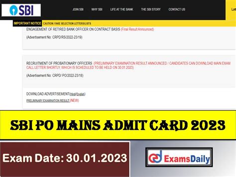 Sbi Po Mains Admit Card 2023 Download Online Main Exam Date For