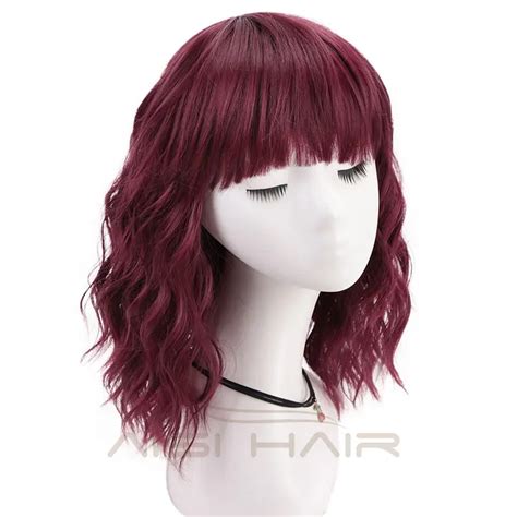 Aisi Hair Synthetic Natural Looking Short Bob Wigs Wine Red Curly Wavy