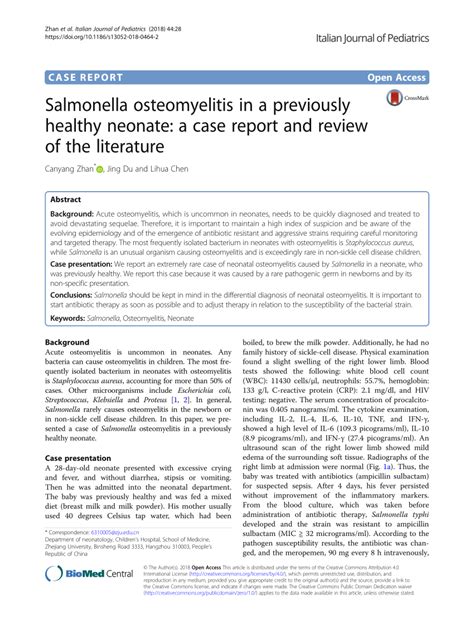 Pdf Salmonella Osteomyelitis In A Previously Healthy Neonate A Case