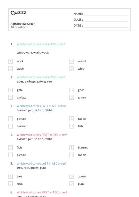 50 Alphabetical Order Worksheets For 4th Grade On Quizizz Free