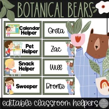 Botanical Bear Editable Classroom Helpers Job Chart Tpt