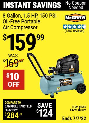 MCGRAW 8 Gallon 1 5 HP 150 PSI Oil Free Portable Air Compressor For