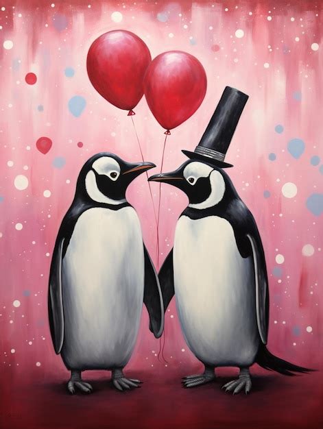 Premium Photo Painting Of Two Penguins With Red Balloons And A Top