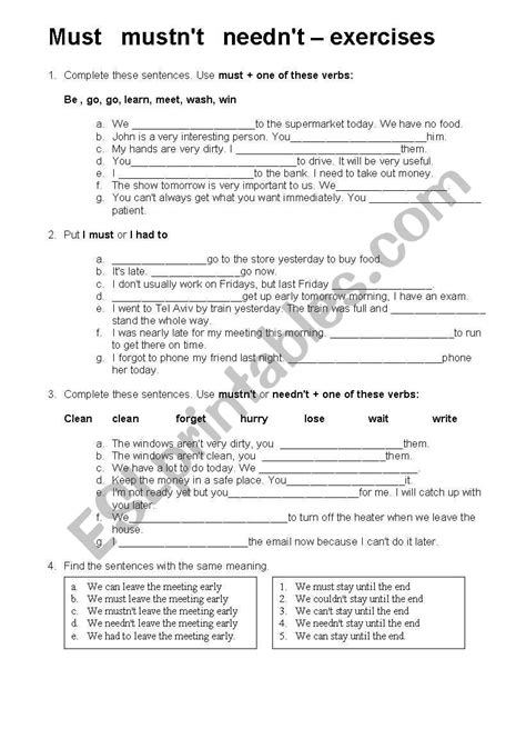 Modals Must Mustnt Neednt Exercises ESL Worksheet By Woodge78