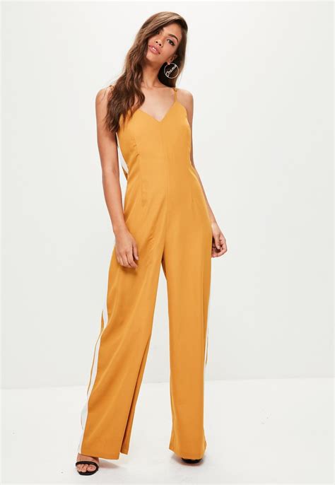 Missguided Mustard Wide Leg Striped Jumpsuit Jumpsuit Jumpsuits For Women