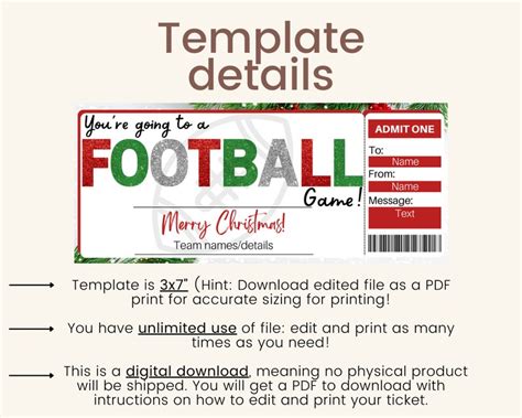 Christmas Football Game Tickets. NFL Ticket Template. Football - Etsy