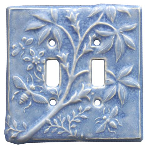 Botanical And Bees Ceramic Art Double Toggle Light Switch Cover Plate In Blue Glaze Unique