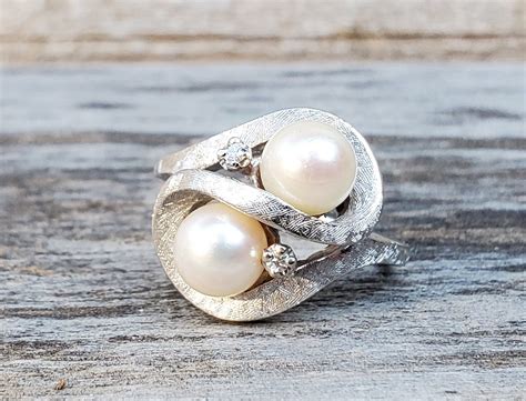 Vintage 14K Double Pearl & Diamond Ring - Etsy