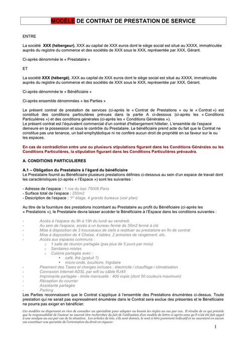 Modele De Contrat Pour Prestation De Service