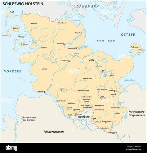 Karte Von Schleswig Holstein Mit Den Wichtigsten Städten Stock