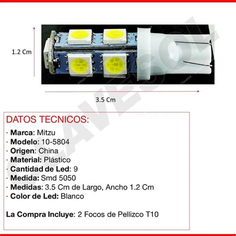 Foco Pellizco Led Blanco T10 Smd 5050 No Generan Calor Mz MercadoLibre