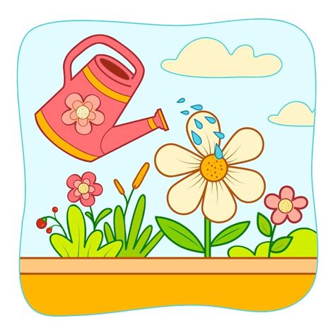 Lindas Flores Y Regadera Dibujos Animados Riego Flores Clipart Vector