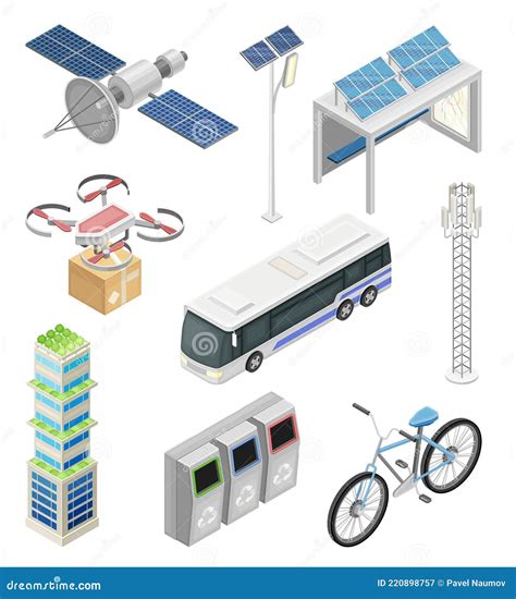 Smart City With Solar Panel Recycling Bin And Drone Delivering Parcel