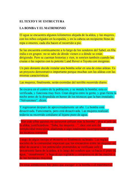 La Bomba Y El Matrimonio Resuelto El Texto Y Su Estructura La Bomba Y El Matrimonio El Agua Se