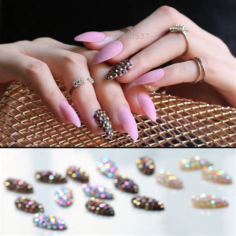 False Nails Stiletto With Stickers 24pcs Pure Color Matte Pink Press On Nails Bling Crystal Nail