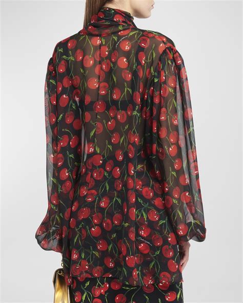 Dolce Gabbana Cherry Chiffon Blouse With With Tie Neck Neiman Marcus