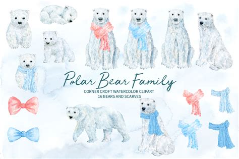 Watercolor Polar Bear Family Clipart By Cornercroft | TheHungryJPEG