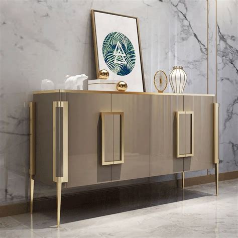 Modern Champagne Sideboard Buffet Tempered Glass Top With Doors