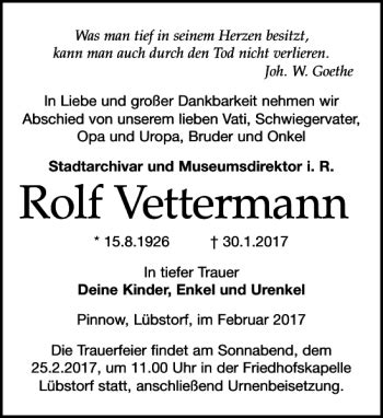 Traueranzeigen Von Rolf Vettermann Trauer Anzeigen De