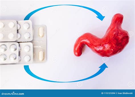 Medication In Pills In Blister Indicate Stomach Model Concept Photo Treatment Of Gastric