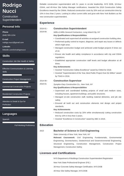 Construction Superintendent Resume Example Template Cascade Resume