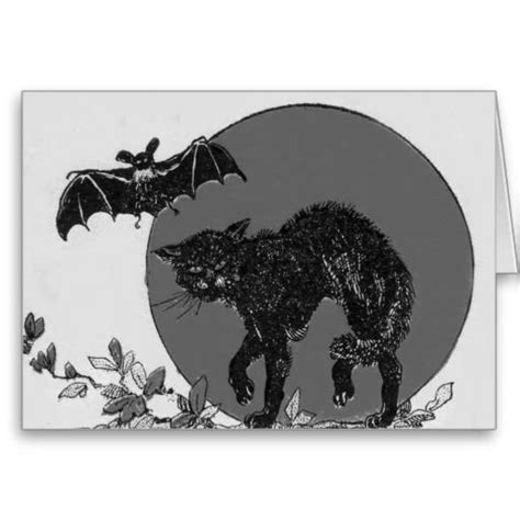 Monochrome Black Cat Bat Full Moon Card Halloween Folk Art Black Cat