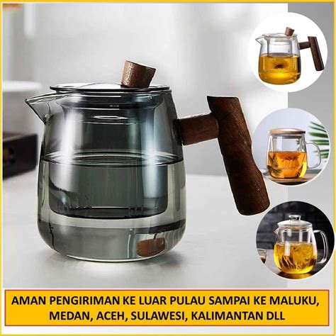 Jual Teko Teh Estetik Gagang Kayu Teko Kaca Dengan Saringan Pitcher