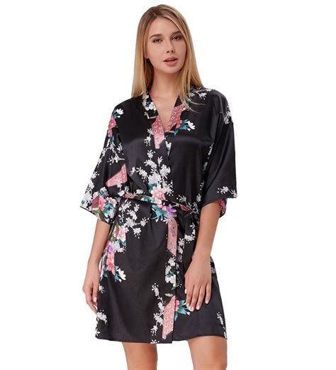 Women Kimono Robes Peacock And Blossom Print Silk Short Sleep Robe