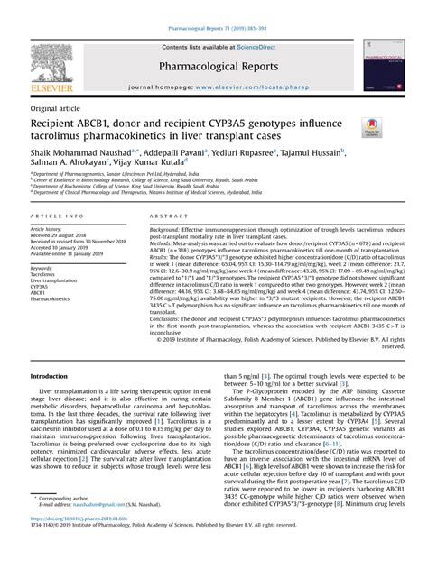 Pdf Recipient Abcb1 Donor And Recipient Cyp3a5 Genotypes Influence Tacrolimus