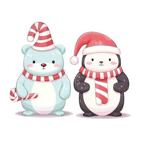 Cute Polar Bear And Penguin With Candy Cane Merry Christmas Cute Santa