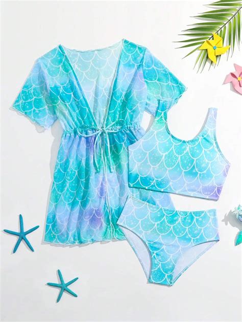 Tween Girl Fish Scales Print Bikini Set With Kimono Summer Beach