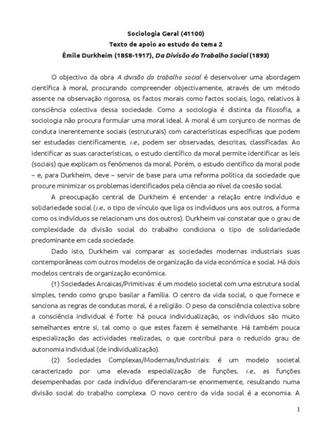 Texto De Apoio Tema 2 2 Émile Durkheim Divisão Social Do Trabalho