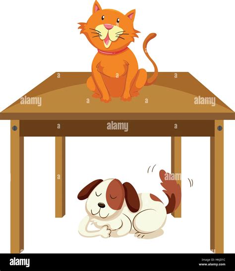 Chat Sur La Table Et Chien Sous La Table Illustration Image Vectorielle