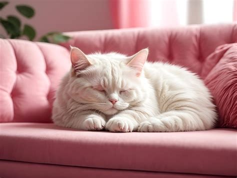 Premium AI Image | Poster of cute white cat sleeping on pink couch