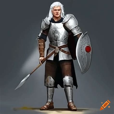 A Young Male Human Paladin With White Hair Wielding A Spear And Shield