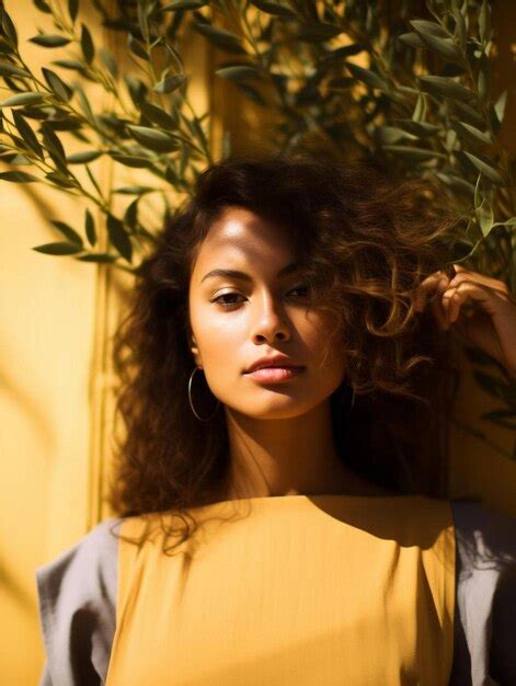Premium AI Image Vertical Portrait Of A Latina Woman Posing Behind A Eucalyptus Plant With A